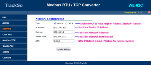 TrackSo Modbus TCP to RTU Converter Network Settings