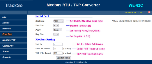 TrackSo Modbus TCP to RTU Converter RS485 Port Settings
