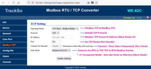 TrackSo Modbus TCP to RTU Converter Settings