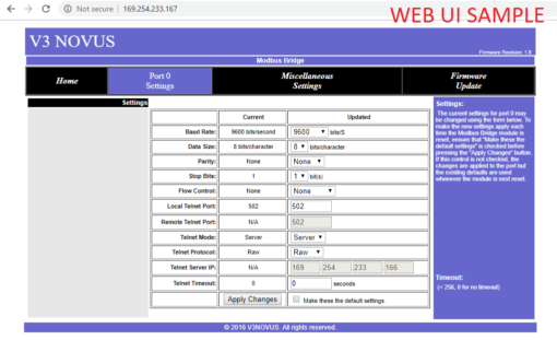 V3 Novus Modbus RTU to TCP Converter WEB UI SAMPLE 2