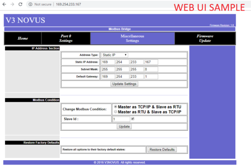 V3 Novus Modbus RTU to TCP Converter WEB UI SAMPLE
